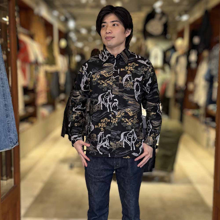 KOROMO ZAKURA - Southern Cross - Long-Sleeve Regular Shirt - Ink painting horse depicted with Japanese traditional technique, KINSAI-style - SA1726