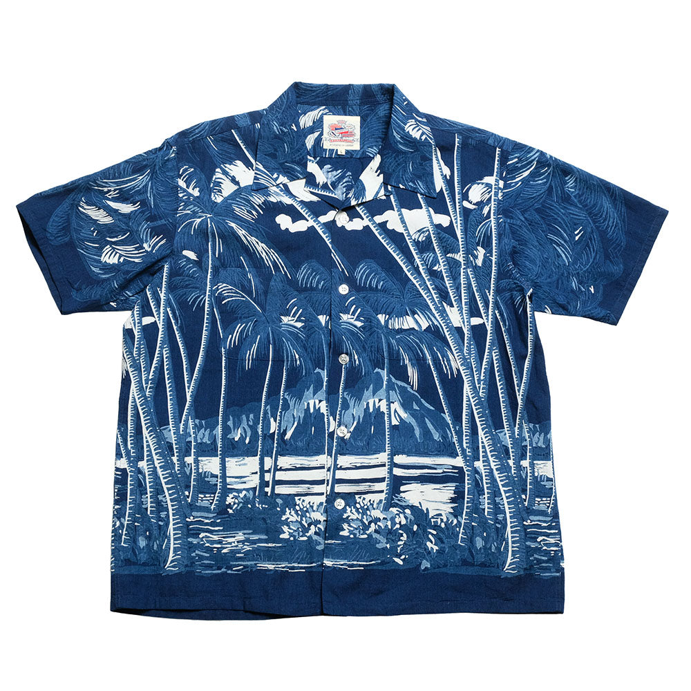 DUKE KAHANAMOKU - INDIGO COTTON HAWAIIAN SHIRT - COCONUT PALM & DIAMONDHEAD - DK39452